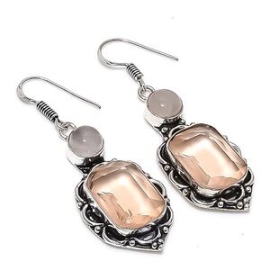 Natural Morganite, Quartz Gemstone 925 Sterling Silver Earrings 2.17"